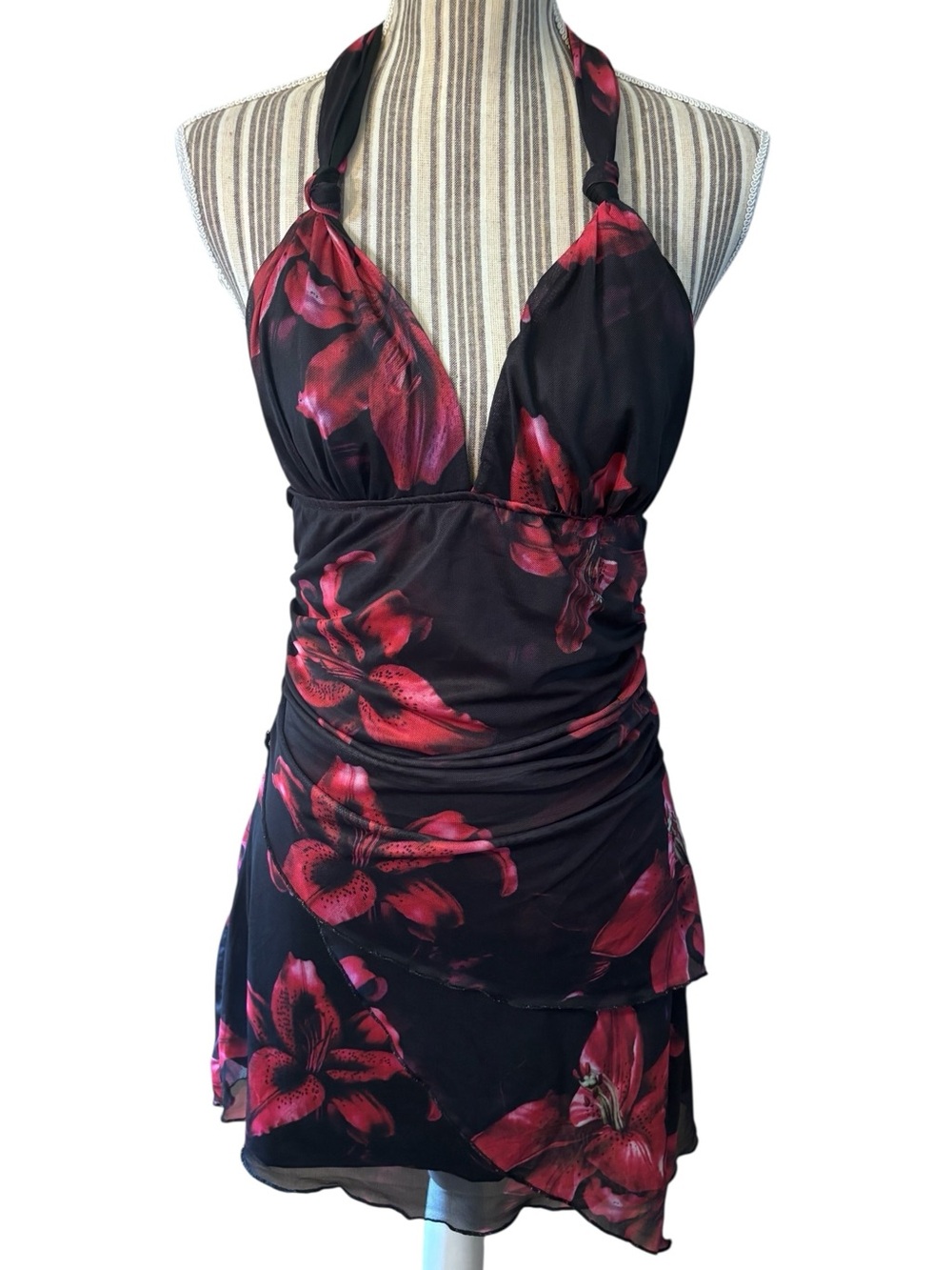 Floral Halter Mini Dress Small Black with Red Flowers Draped Ruched Asymmetrical